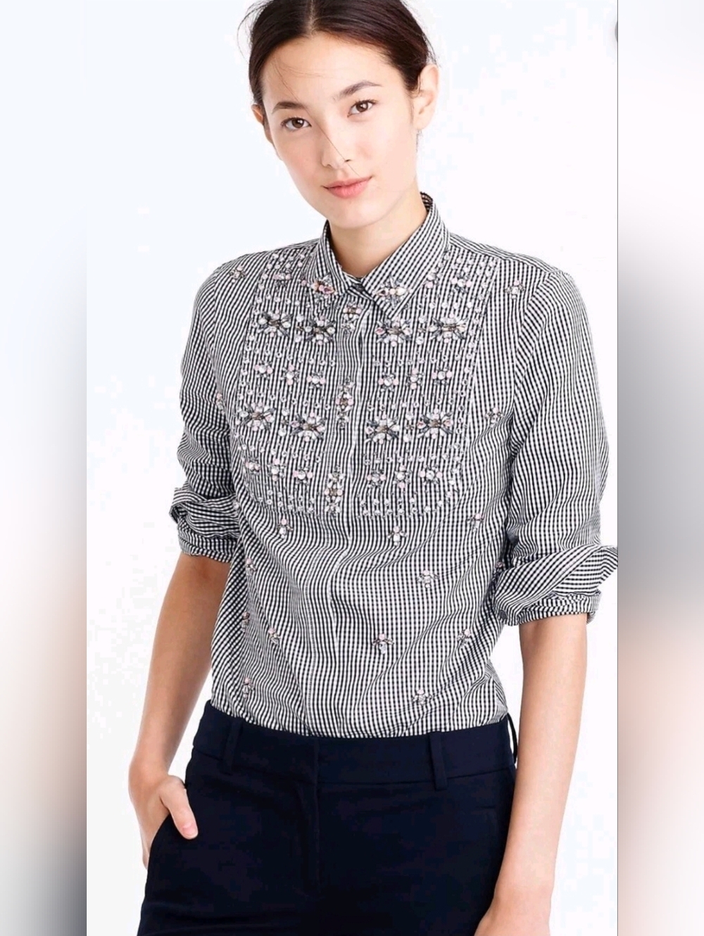 NWT J.Crew x Thomas Mason Embellished Gingham Button Down in Black White Shirt 6